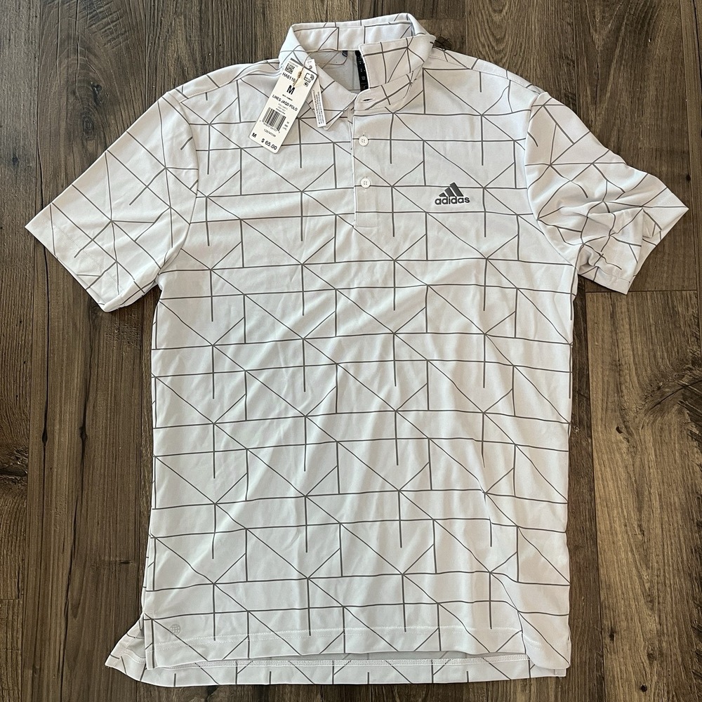 Adidas Men's Lines Jacquard Polo Shirt White Geometric Print M NWT - Picture 2 of 6